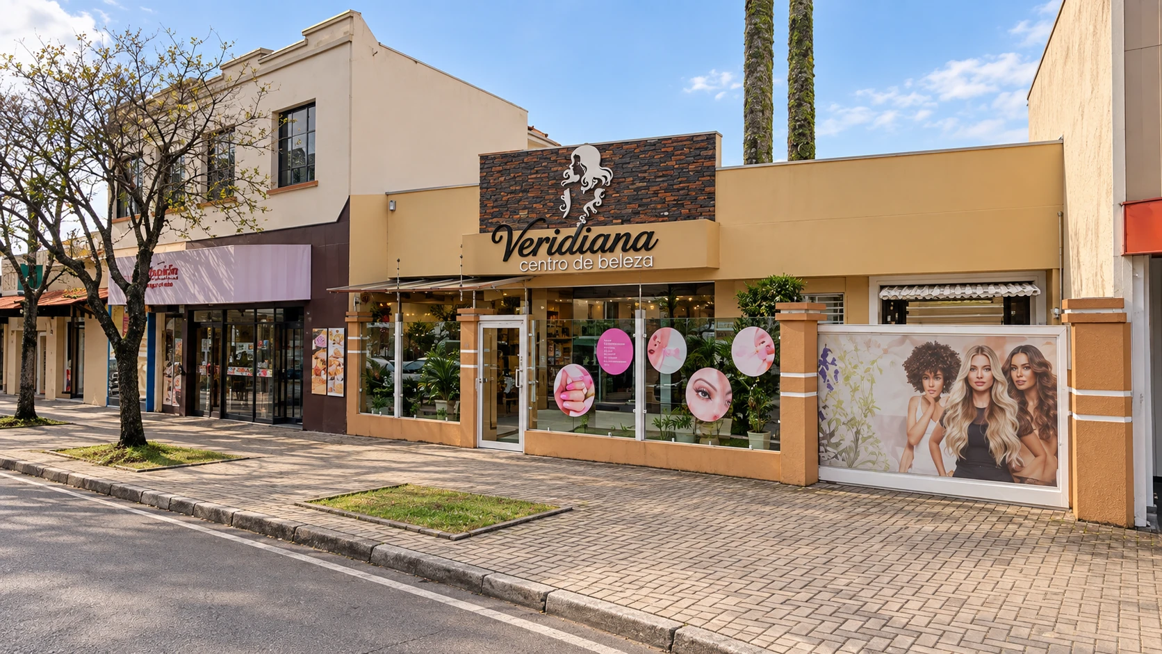Fachada do Salão Veridiana, com letreiro e entrada na Avenida Anita Garibaldi